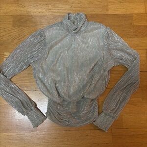 Bailey 44 Green Metallic Balloon Sheer Sleeve Mock Neck Fairy Coquette Blouse XS